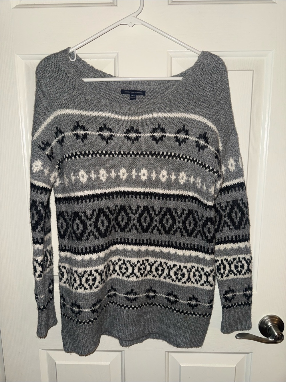 American Eagle Outfitters Gray and Black Fair Isle Crewneck Sweater